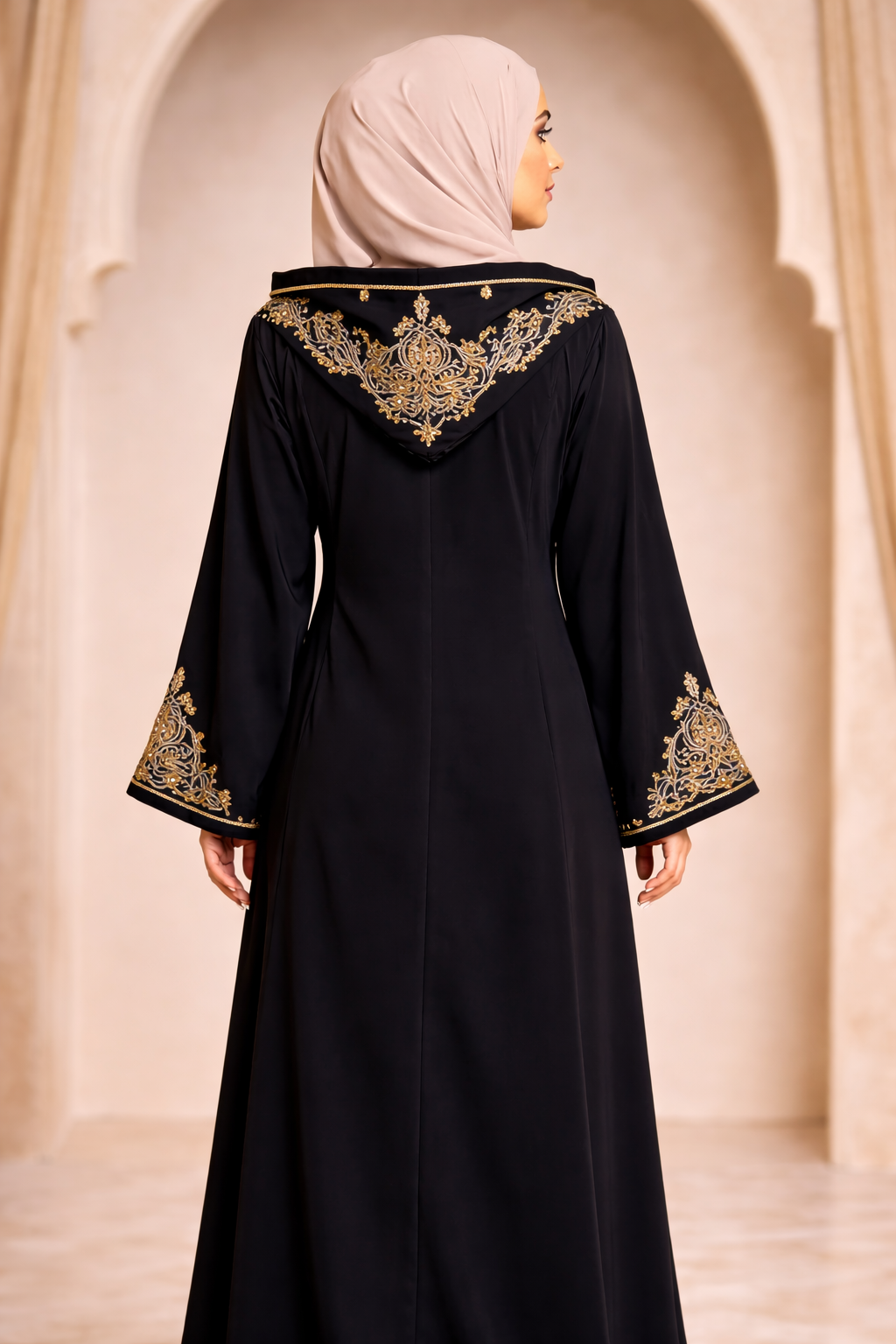 Black Moroccan Abaya with Gold Embroidery – Timeless Elegance Black 2