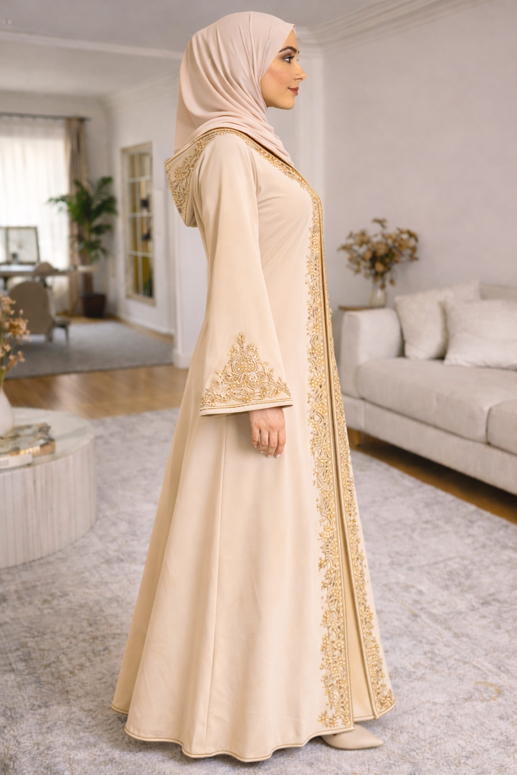 Black Moroccan Abaya with Gold Embroidery – Timeless Elegance Beige 3