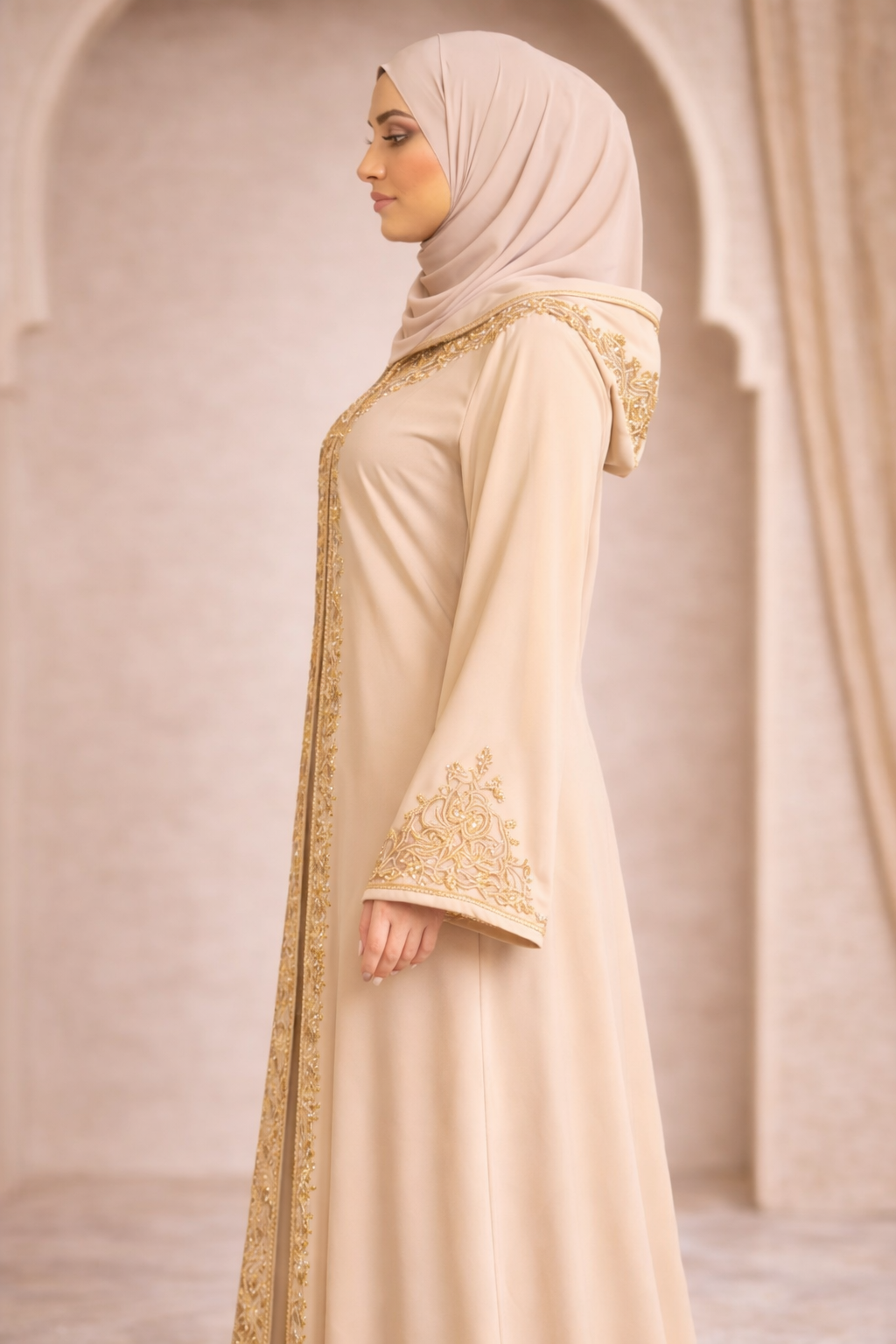 Black Moroccan Abaya with Gold Embroidery – Timeless Elegance Beige 4