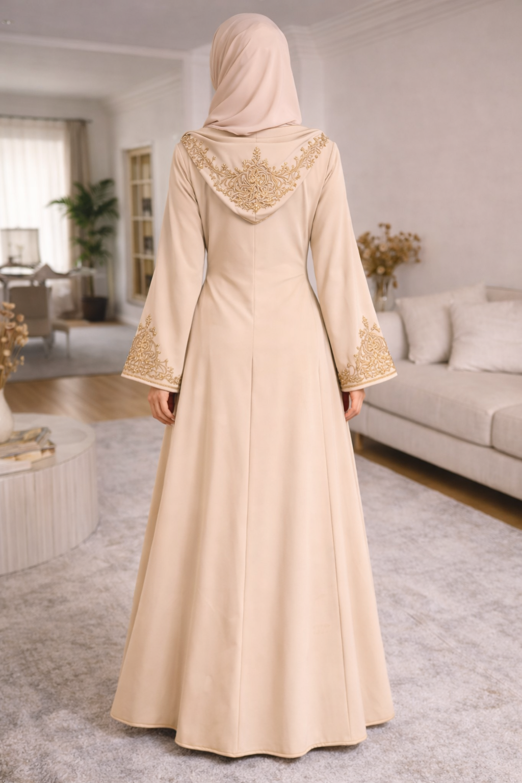 Black Moroccan Abaya with Gold Embroidery – Timeless Elegance Beige 2