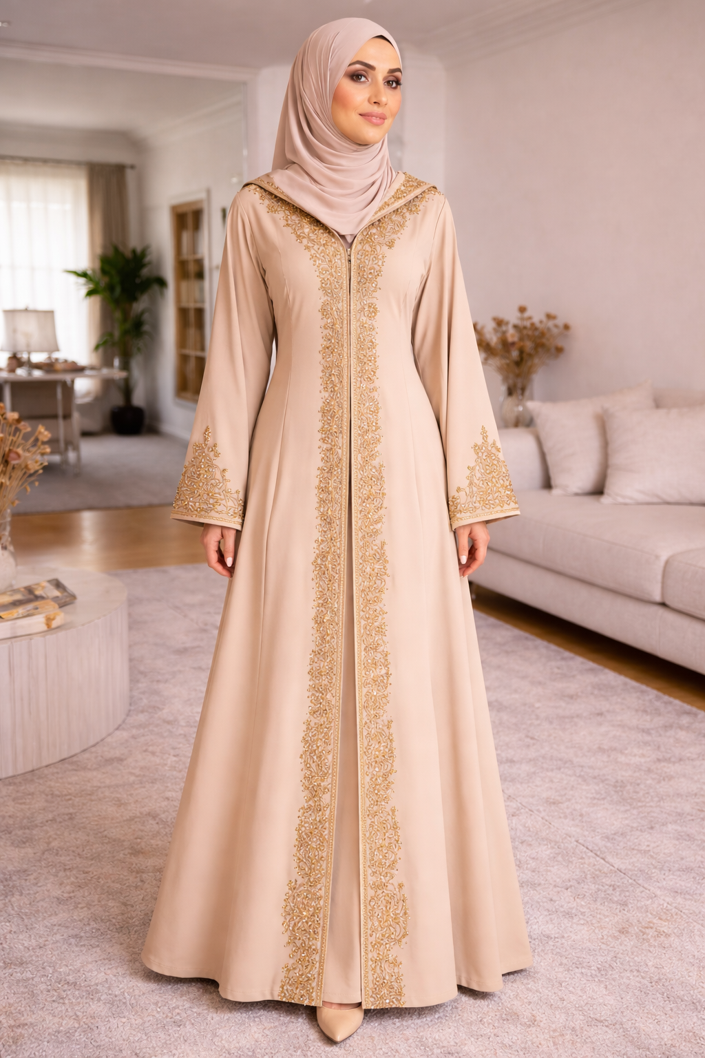 Black Moroccan Abaya with Gold Embroidery – Timeless Elegance Beige