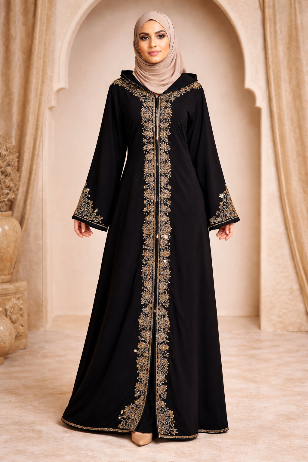 Abaya Marocaine Noire Brodée Or – Élégance Traditionnelle